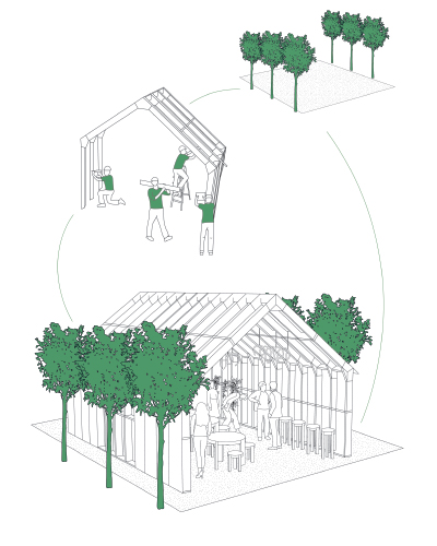 La circolarità di Spazio Wooden Houses a Fano in un'illustrazione di Sara Rombaldoni La circolarità di Spazio Wooden Houses a Fano in un'illustrazione di Sara Rombaldoni